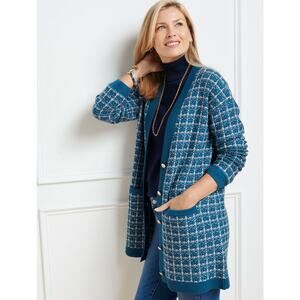 Talbots 100% Merino Wool Long Cardigan Blue Plaid Size M Gold Button Pockets
